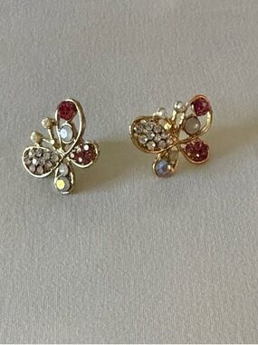 Gold Butterfly Stud Earrings with Pink and Clear Crystals